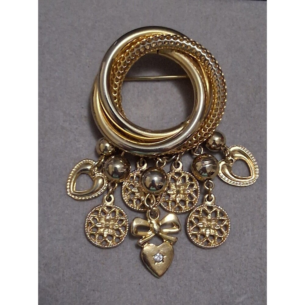 Interlocking circle charm brooch, gold-toned dangle drop charms